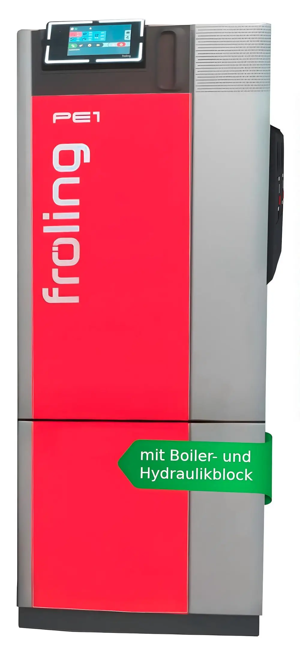 Fröling Heizgerät in rot und grau mit Digitaldisplay. An einer Seite befindet sich ein Hinweis auf Boiler- und Hydraulikblock.